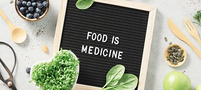 Food is medicine letter board quote flat lay. Healthy eating concept banner